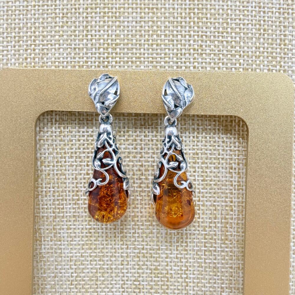 Sterling Silver 925 Vintage Filigree Teardrop Amber Dangle Earrings 11 grams